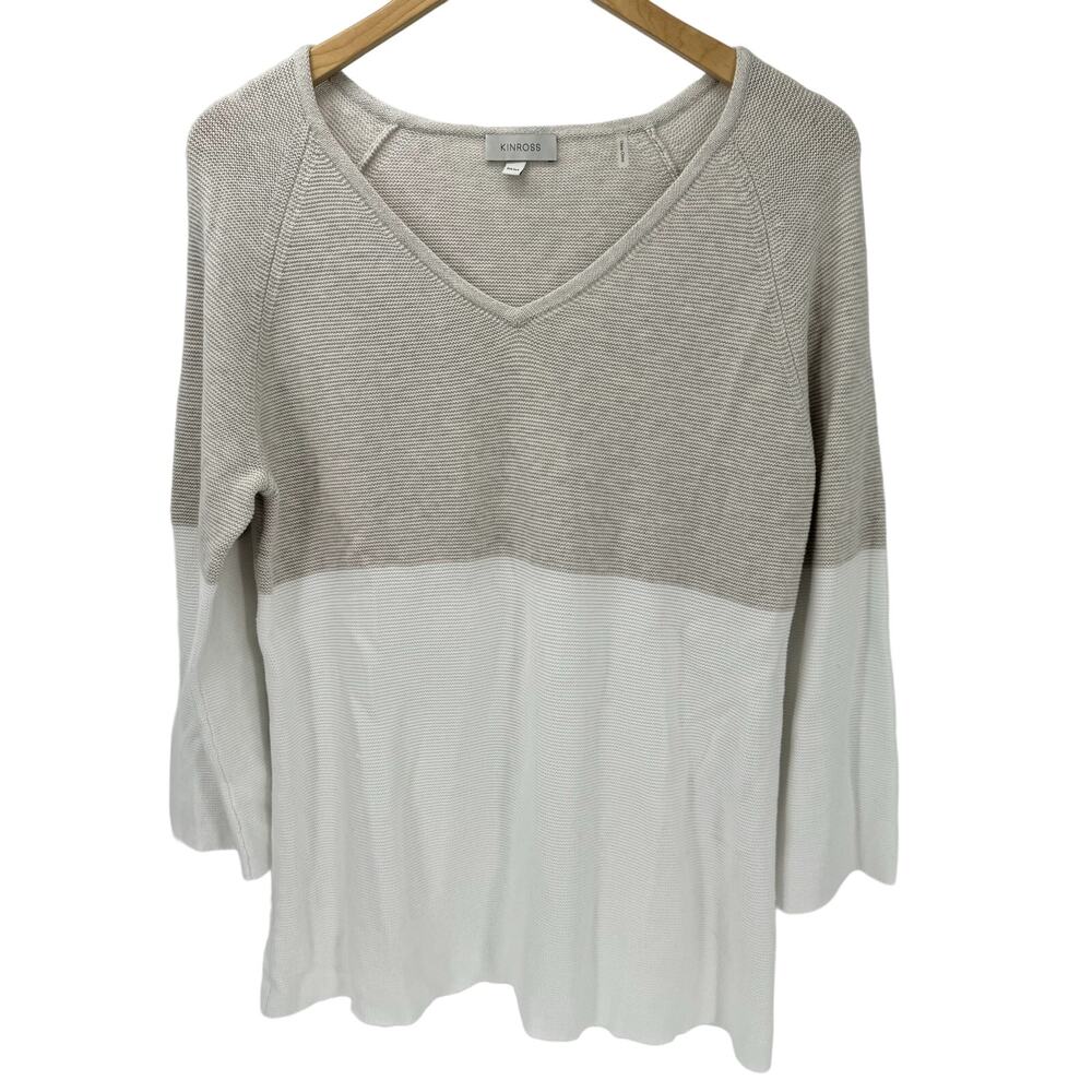 Kinross Sweater Womens Medium‎ Cotton V-Neck Neutral Beige Cream 3/4 Sleeve Knit
